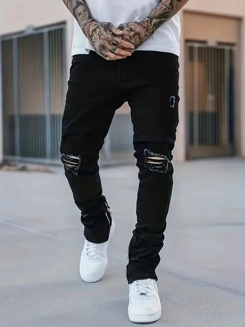 Men's black fashion jeans, ripped and ripped stretch denim trousers, comfortable and casual street jeans  Personalized Menswear