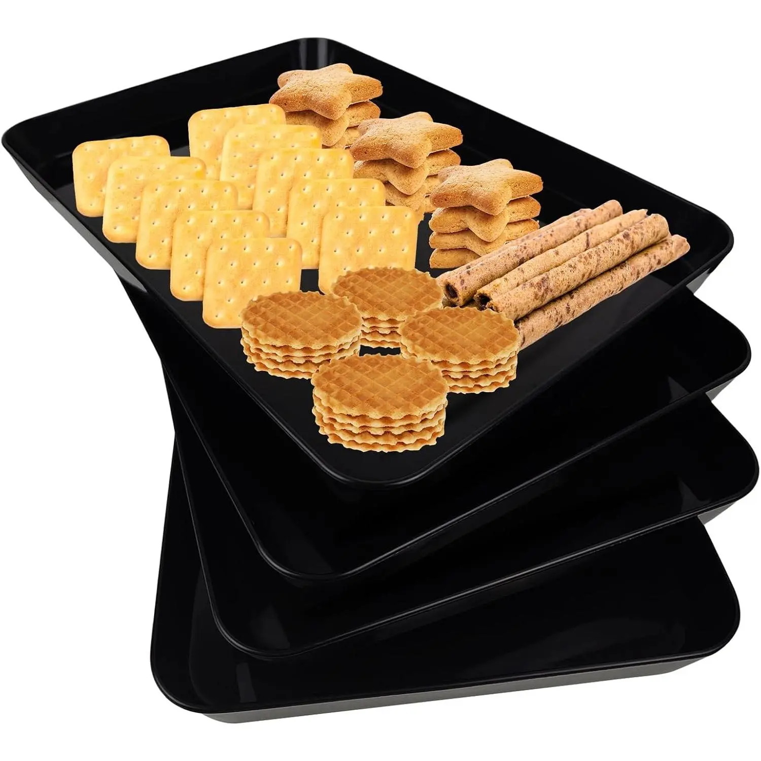 4 Pcs 16" x 11" Large BPA Free Black Serving Trays, Unbreakable Reusable Plastic Platters for Snack Fruit Cookies Desserts, Ideal for Kitchen Party Supplies