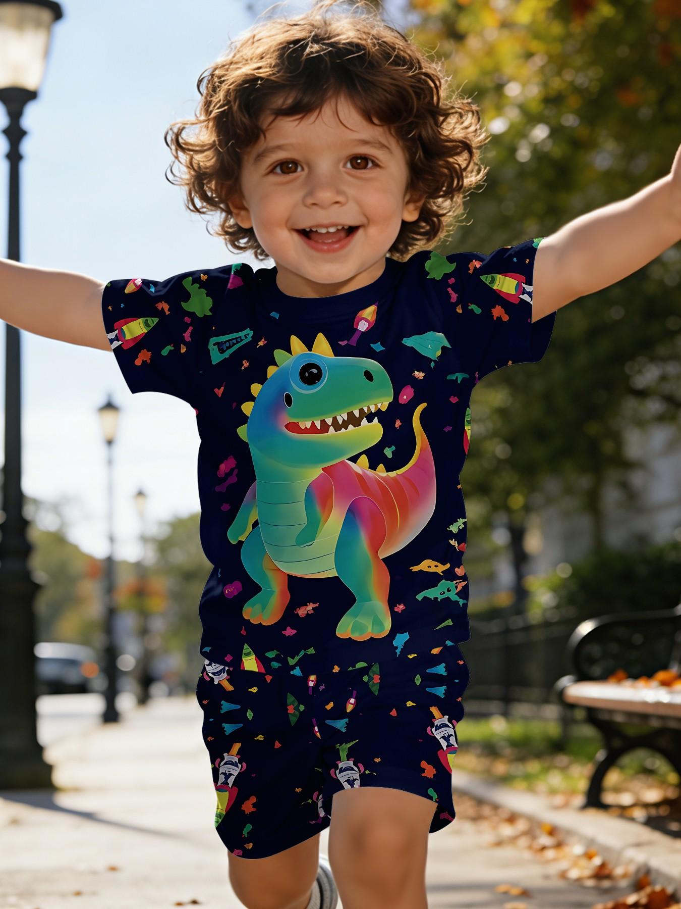 Colorful Rainbow Dinosaur Kids Short Sleeve Set, Boy's Summer Pajamas, Cartoon Print, Casual Wear, 100% Polyester, Perfect Gift for Babies