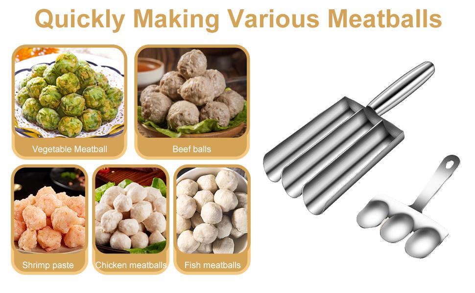 4-in-1 Meatball Maker Tool - Creative Stainless Steel Kitchen Triple Meatball Scoop Ball Maker Tool with Three Tubes, Metal, Easy Home Cooking Tool Utensils 4-Scoop