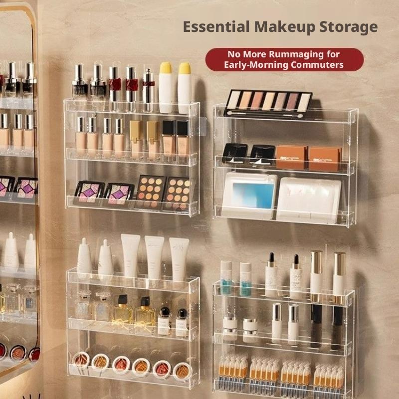 Wall-mounted acrylic makeup storage rack, no-drill cosmetic storage rack, transparent bathroom skincare shelf for vanity, very suitable for organizing lipsticks, eyeshadows, and skincare products