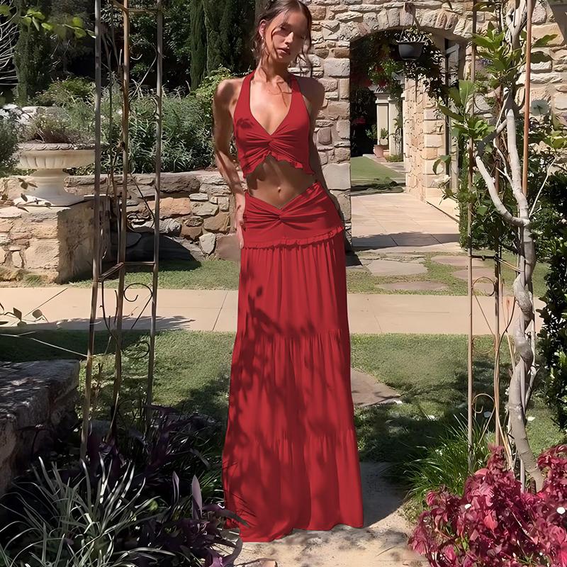 Solid Color Backless Crop Top & Ruched Skirt Two Pieces Set Women's Sleeveless Halter Neck Top & Skirt Ladies Summer Fall Clothes for Party Holiday Vacation Beach Boho Valentine's DayGift Outfit