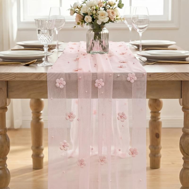 New 3D Pearl Flower Sheer Table Runner, Tulle Mesh Table Flag for Party Decor, Ideal for Seasonal Dining, Weddings, Birthdays & Bridal Showers, Perfect for Home Party Decoration