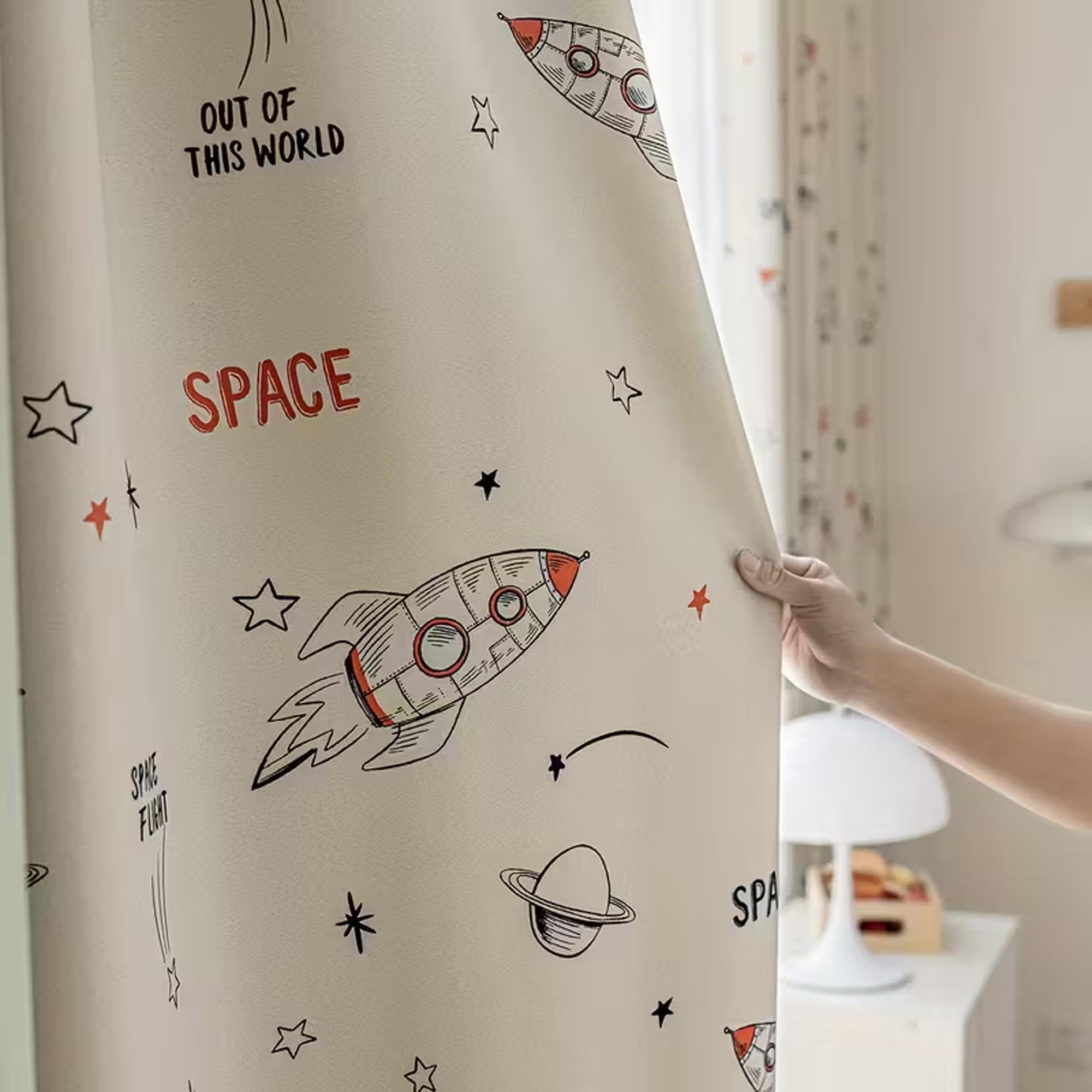 1pc Healing Space Cartoon Kids Curtain, Rocket Star Print, High Light Block, Cozy Atmosphere for Boy's Room Bedroom, Single Piece
