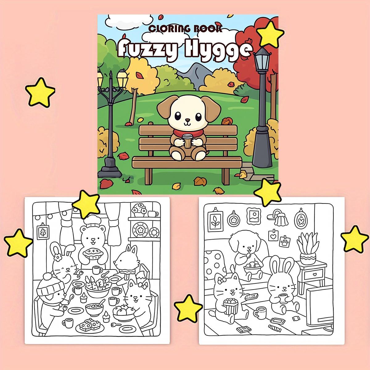 Cute Kawaii Fuzzy Hygge Coloring Book, Bold & Easy for Kids & Adults, 22 Pages 120gsm No Bleed Thick Paper, Odorless Glue Binding, Stress Relief