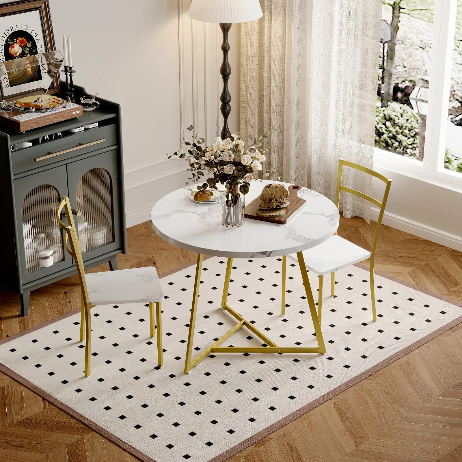 Indoor 3-Piece Modern 80cm Space-Saving Round Dining Set - 2-Seater with PU Upholstered Dining Chairs, Compact Furniture for Small Kitchens, Apartments