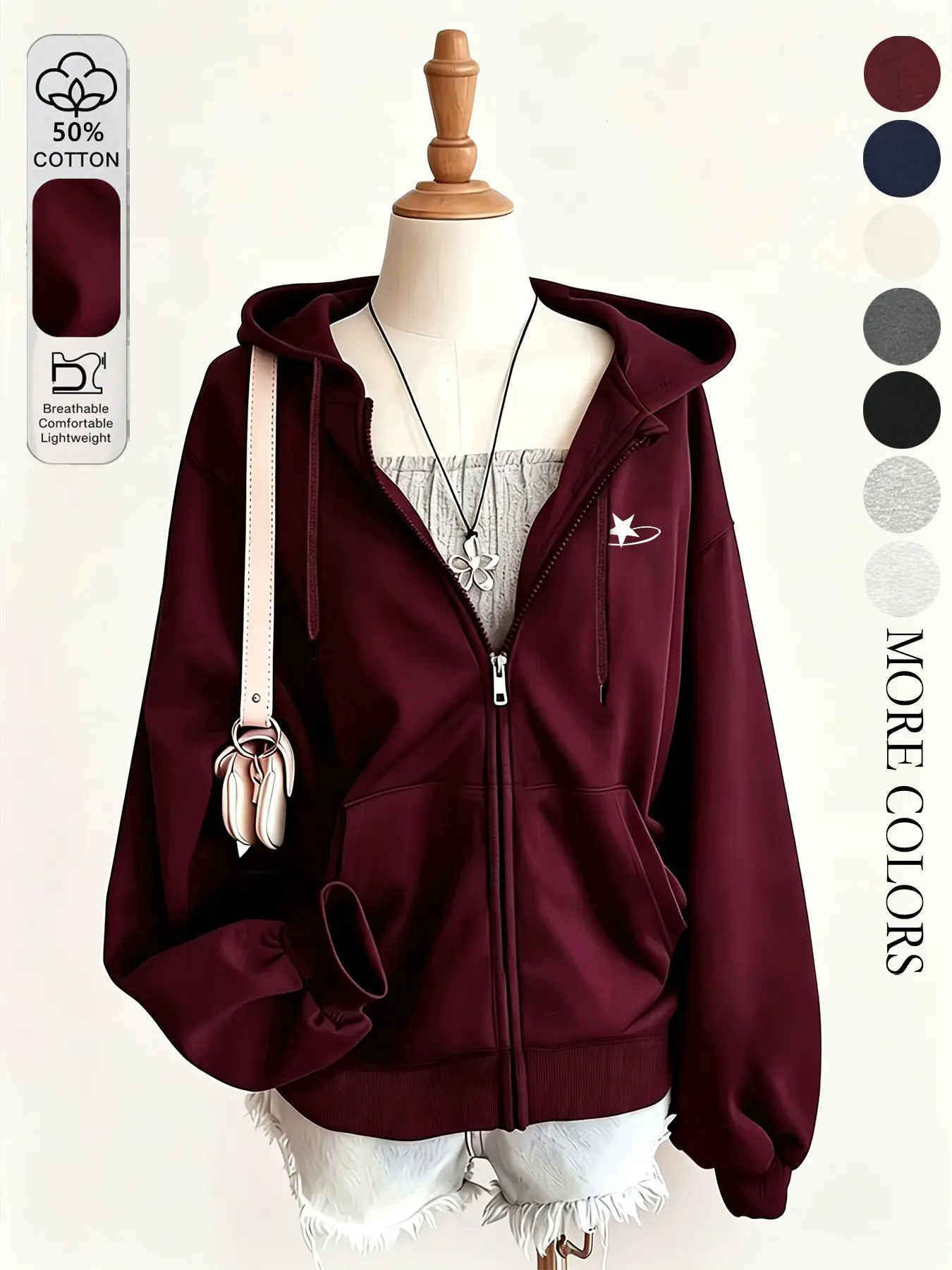 Unisex style. Street-style American retro star print drop-shoulder kangaroo pocket zipper loose-fitting hoodie. Urban fashion, simple design. Perfect for casual wear at home or as an outer layer. Suitable for Y2K style, campus life, back-to-school season,