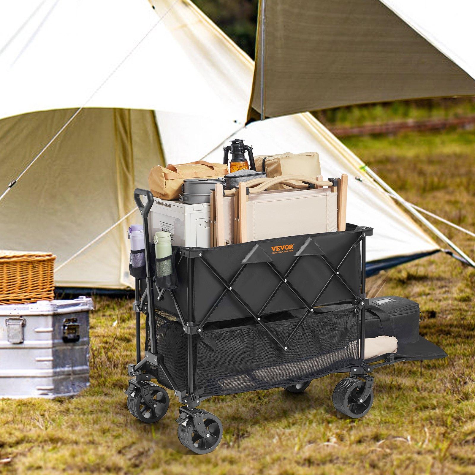 VEVOR Foldable Double Decker Wagon, 400L Collapsible Wagon Cart with All-Terrain Wheels, Heavy Duty Folding Wagon Cart 350-450 lbs Weight Capacity for Camping, Shopping, Garden, 52 Extra Long Extender