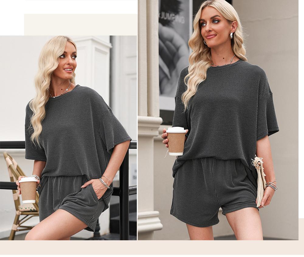 Asvivid Women's Summer Short Sleeve Twisted Thread Shirt & Shorts with Pockets Casual Pajamas Ribbed Textured Outfit Matching Lounge Set Asvivid Women's Summer Short Sleeve Twisted Thread Shirt & Shorts with Pockets Casual Pajamas Ribbed Textured Outfit Matching Lounge Set