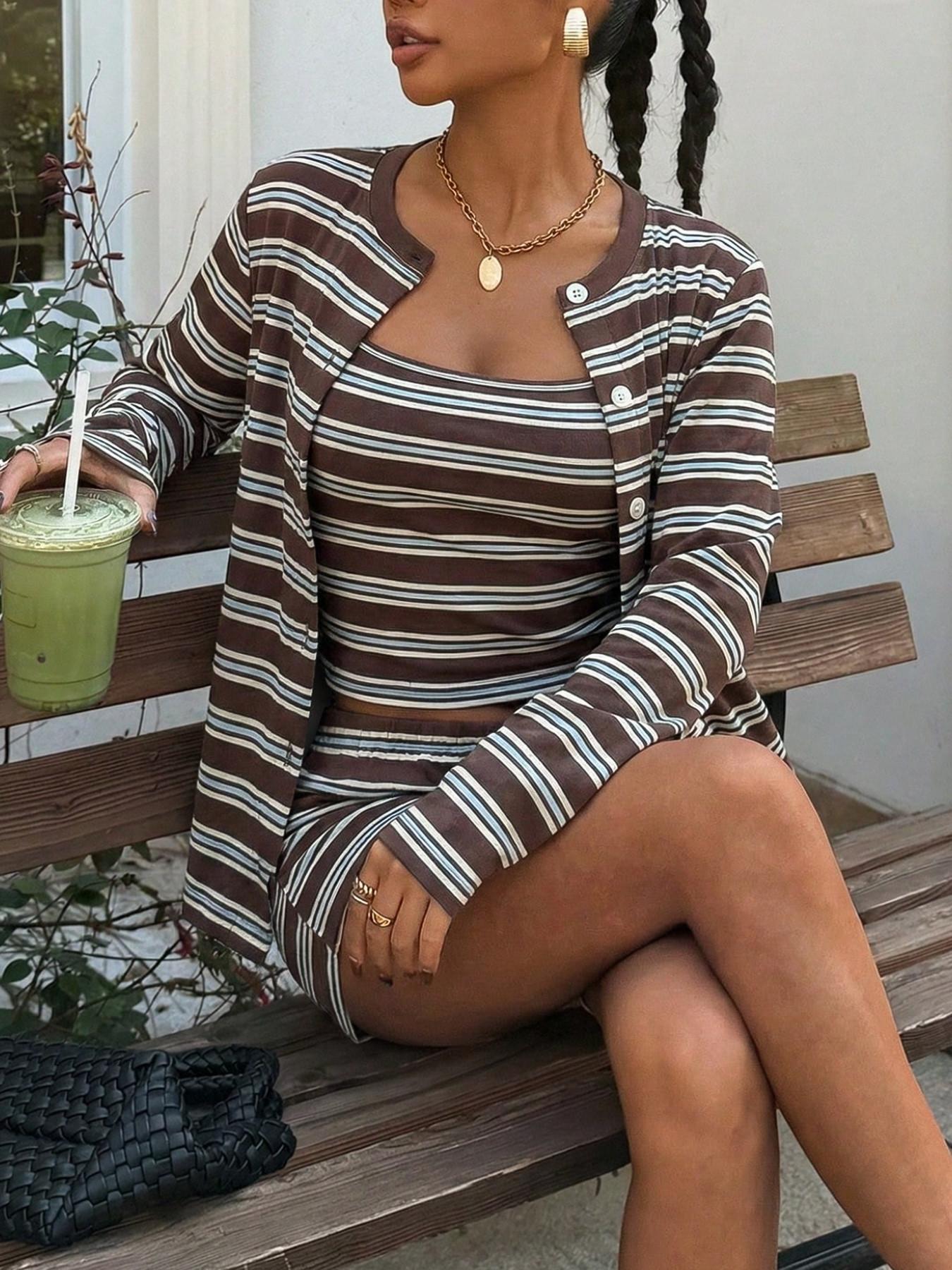 3pcs/Set Striped Knit Women's Casual Striped Tank Top， Long Sleeves Cardigan And Shorts Set, Millennial Sweet Style, Streetwear Lounge, Ladies Three-Piece Ensemble, Outfit