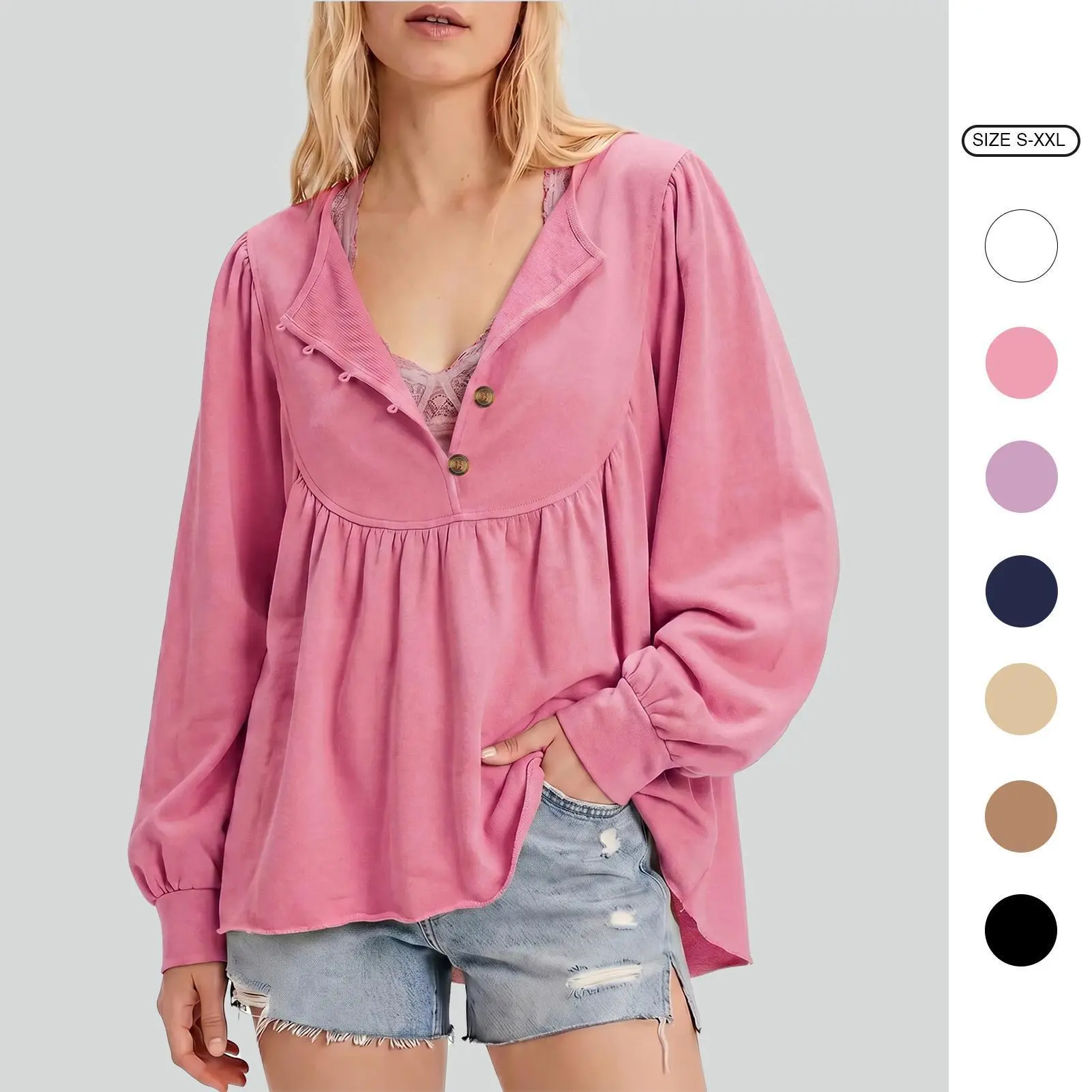Imily Bela Women's Boho V Neck Button Down Lantern Sleeve Top Casual Loose Fit Flowy Pleated Babydoll Blouses