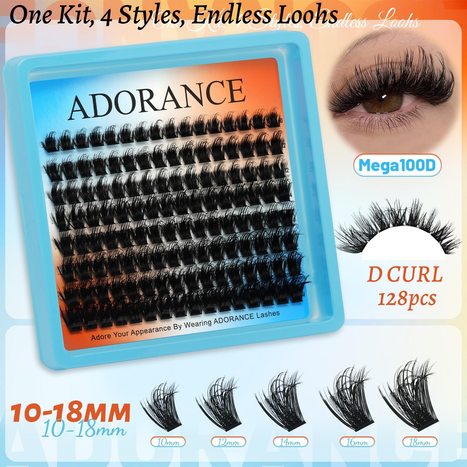 ADORANCE Lash Clusters Kit 550 PCS, 4 Styles (Volume 80D/100D, Mega 80D/100D) Individual Lash Extensions Mini Kit with Lash Bond and Seal, Lash Glue Remover & Eyelash Tweezers, Perfect for Daily Makeup, Parties, Weddings & Home DIY Use