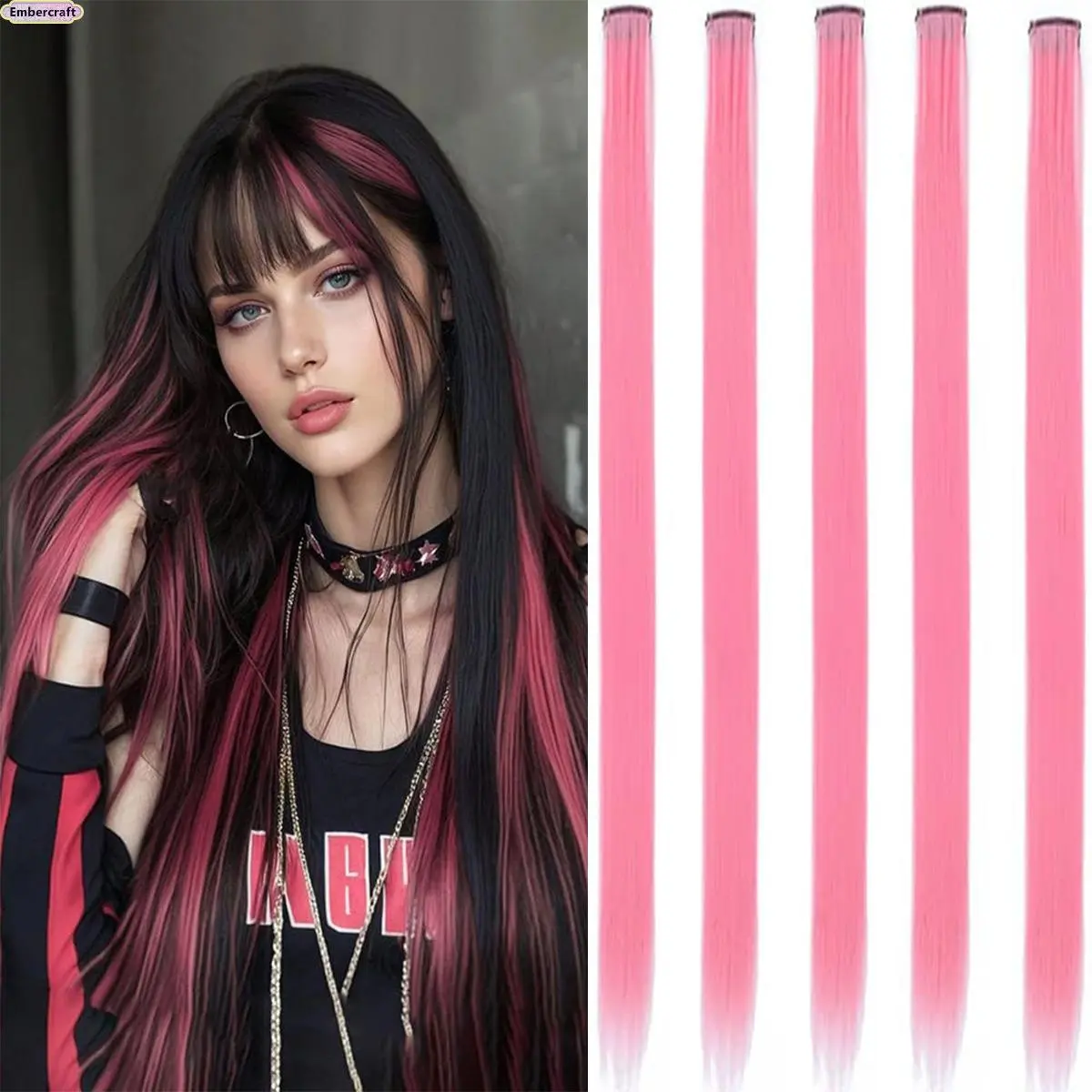Clip-In Long Straight Hair Extensions for Women, Y2K Colored Hair Streaks with Natural Synthetic Fiber, Trendy E-Girl Hair Pieces for Festivals, Parties, Cosplay & Everyday Fashion Styling