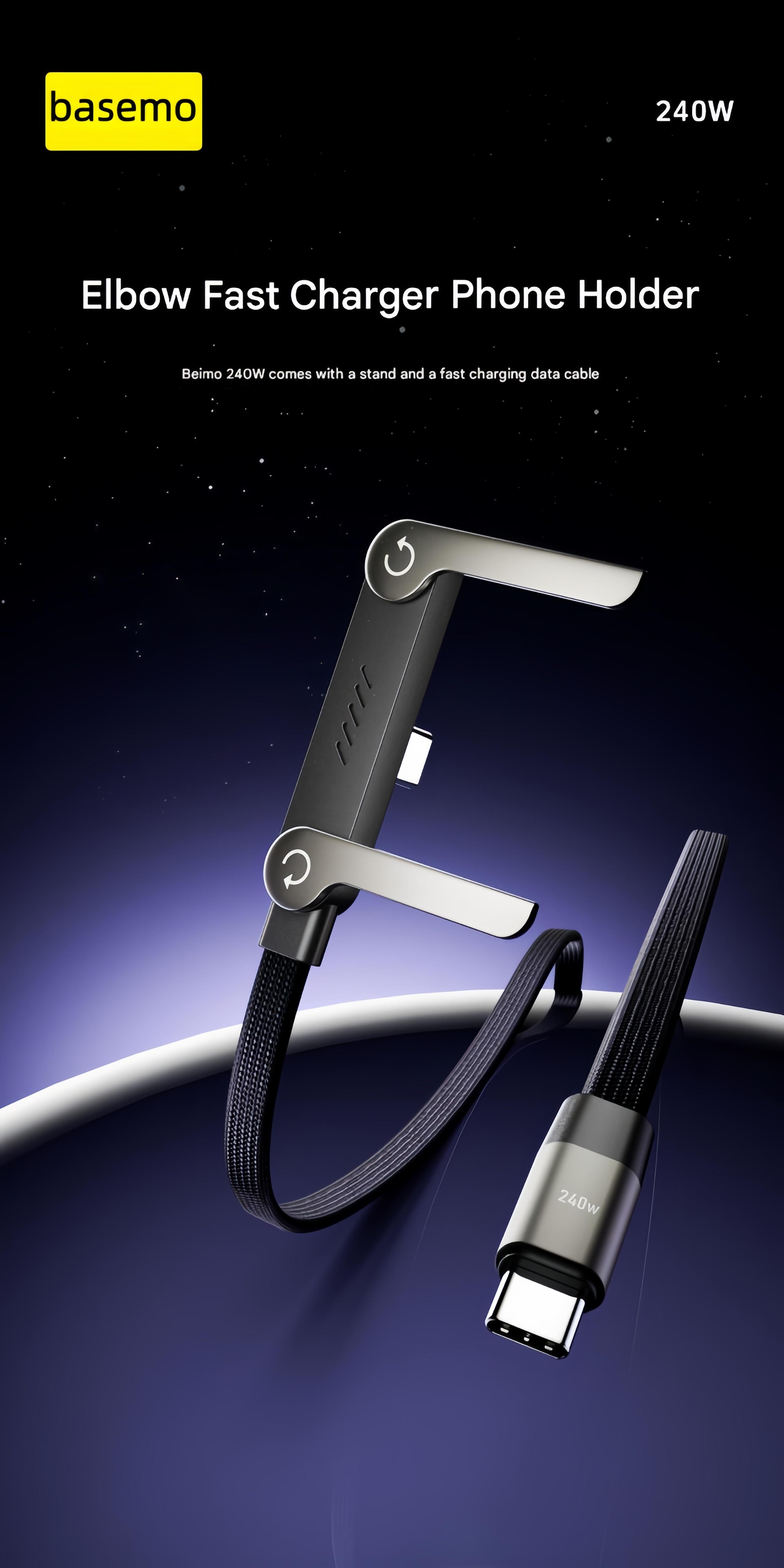 basemo Invisible Holder Charger Cable with Stand, 240w super fast charging 2-in-1 Fast Charging Cord & Phone Stand for Gaming, Office, Car Travel, Compatible with iPhone Samsung Type-C charging cable Black