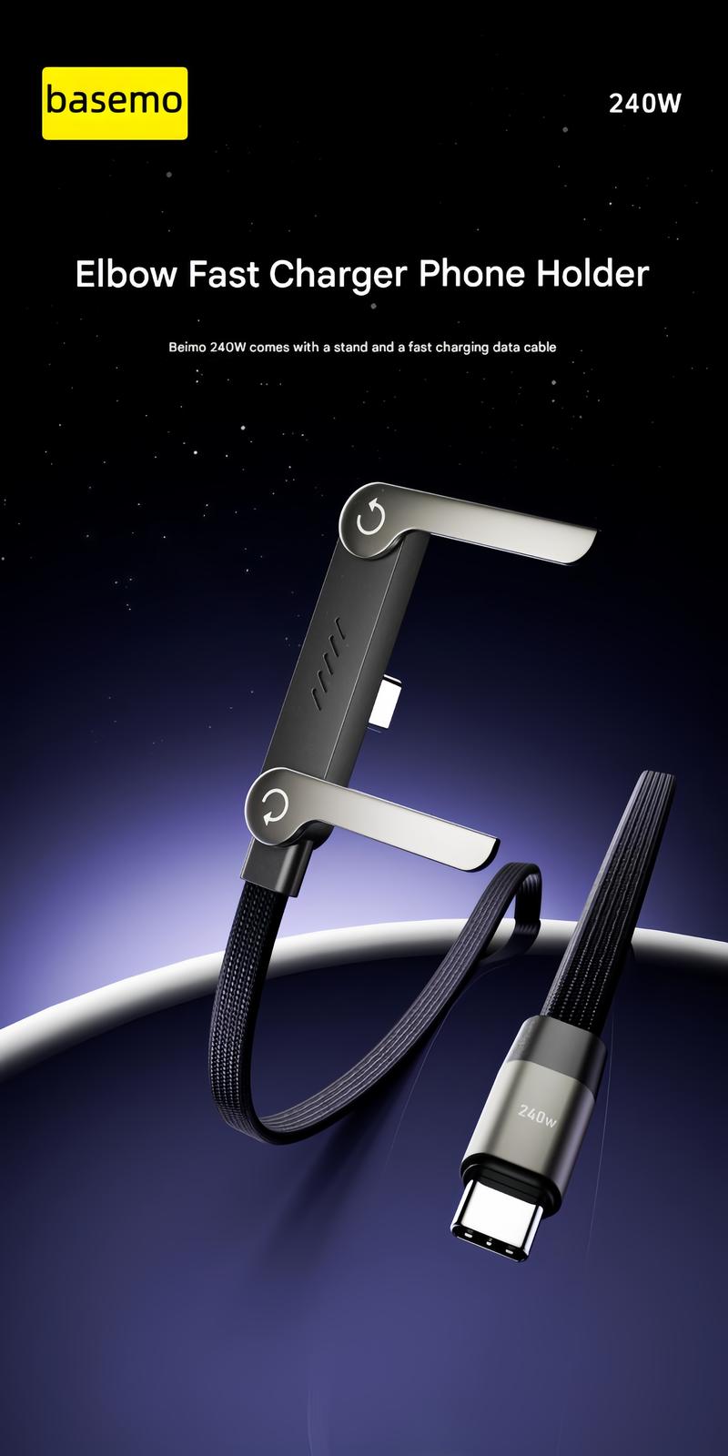 basemo Invisible Holder Charger Cable with Stand, 240w super fast charging 2-in-1 Fast Charging Cord & Phone Stand for Gaming, Office, Car Travel, Compatible with iPhone Samsung Type-C charging cable Black