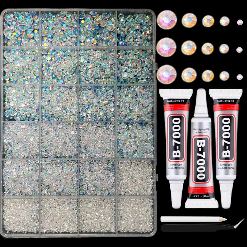 1 Box AB Color Semi-circular Rhinestones for Bedazzling Kit,Multi Sizes Flatback Shiny Resin Diamonds Nails with 3Pcs 10ml Jewelry Adhesive Glue Tweezers,for DIY Clip Pen Nail Designs