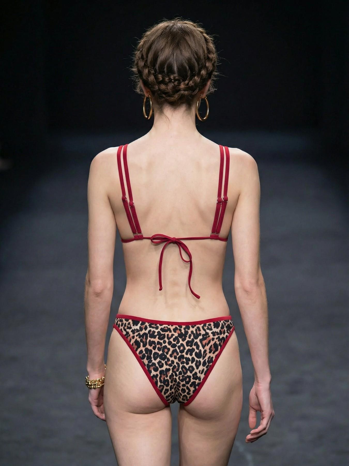 Leopard Print Bikini Set with Red Trim – Double Strap Design and Deep V Neckline, Fashionable Runway-Style Swimwear for Women