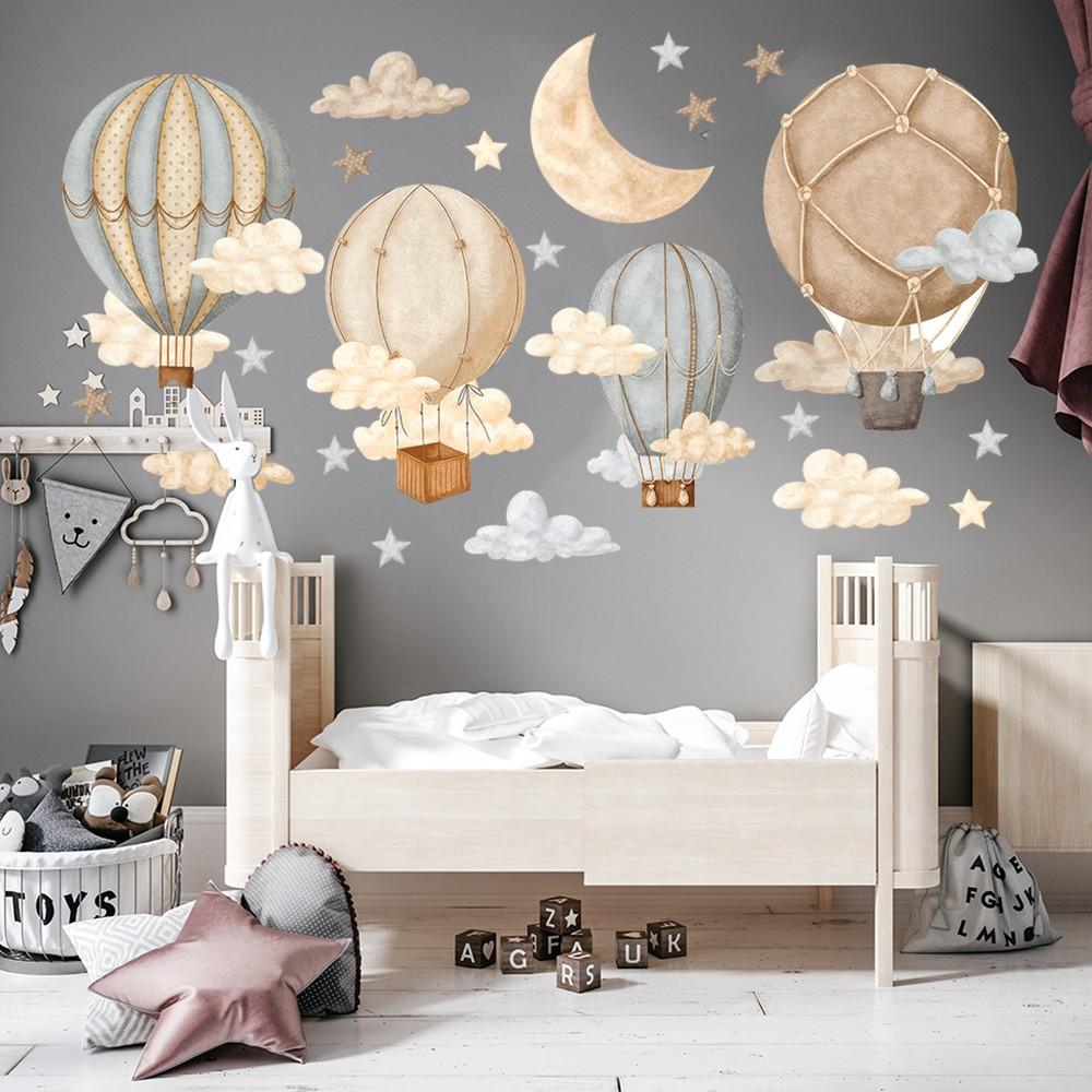 Cartoon Hot Air Balloon and Stars Wall Stickers, Moon Cloud Wall Stickers, Bedroom Home Decor, Fun and Stylish Room Accessories
