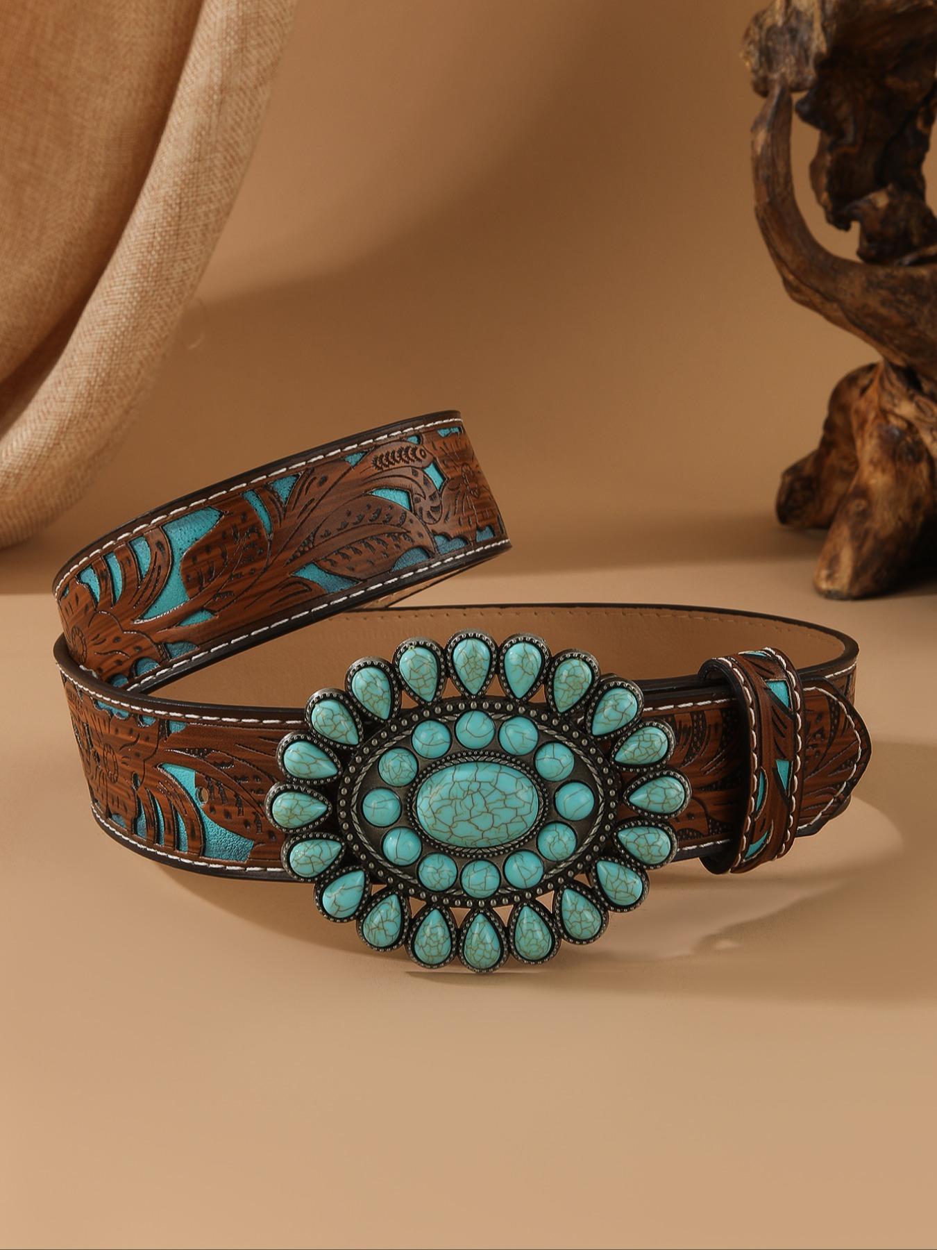 Women's Bohemian Style Waist Belt with Turquoise Alloy Buckle, Vintage Fashion Accessory for Ladies, Elegant Design for Daily Wear