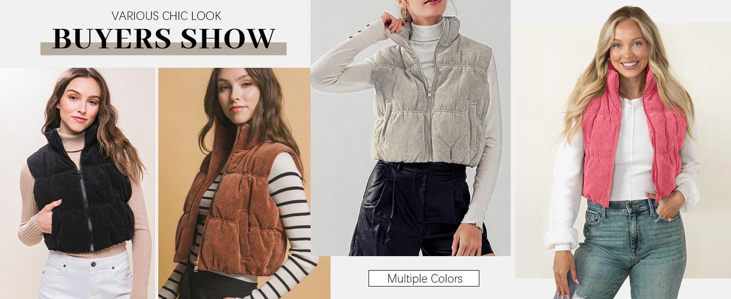 Danedvi Women's Corduroy Puffer Vest Stand Collar Zip Cropped Padded Gilet with Pockets Tops Casual