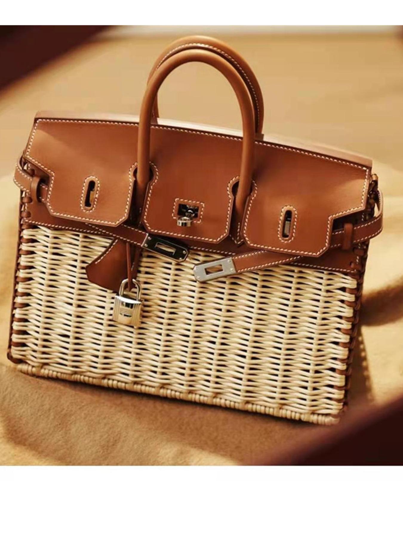 2026 Fashion Handbag, High-Quality Handmade Basket Bag, Picnic Lunch Bag, Platinum Color Bag for Girlfriend, Mother's Gift, Natural Rattan Crossbody Bag