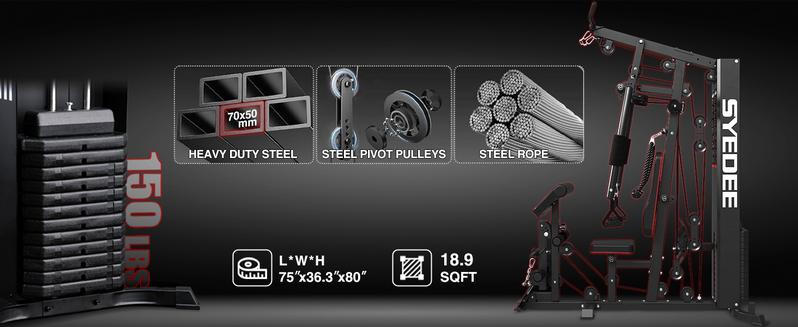 MIKOLO Home Gym Workout Station with 150LBS Weight Stack Multifunctional Equipment for Full Body Strength Training Squat Fitness Machine