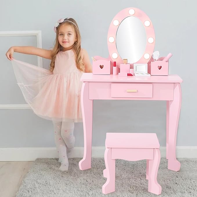 Kids' Vanity Set with Mirror and Light, Makeup Table and Stool for Girls, Vanity Table and Chair Set with Wood Makeup Playset for 4-9 Girls
