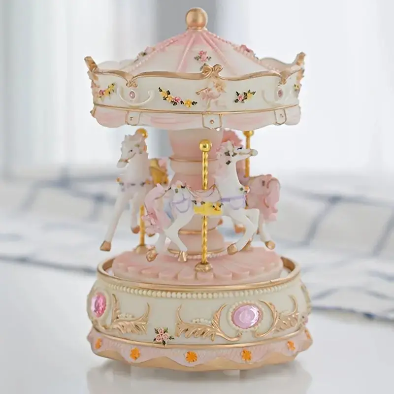 Whimsical Carousel Design Music Box with Color-changing LED Lights - Decorative Desk Decor, Girl Room Accent, Whimsical Room Piece, Gift Idea for Girls (Battery Required, No Battery Included)