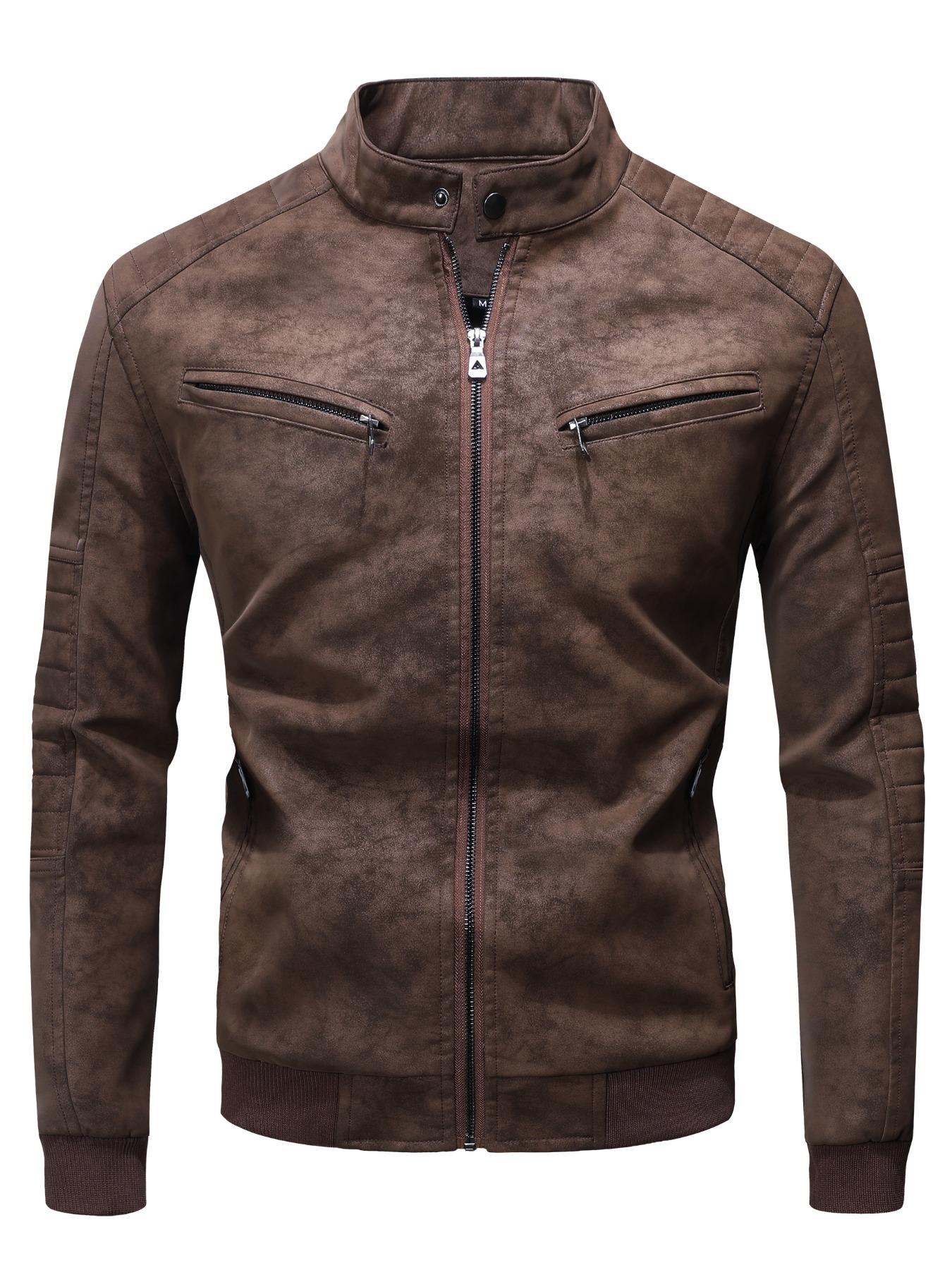 Men's PU Leather Jacket, Stand Collar Slim Fit Outdoor Windproof Coat, Artificial Leather Outerwear, Casual Fashion Jacket, Casual Athletic Jacket