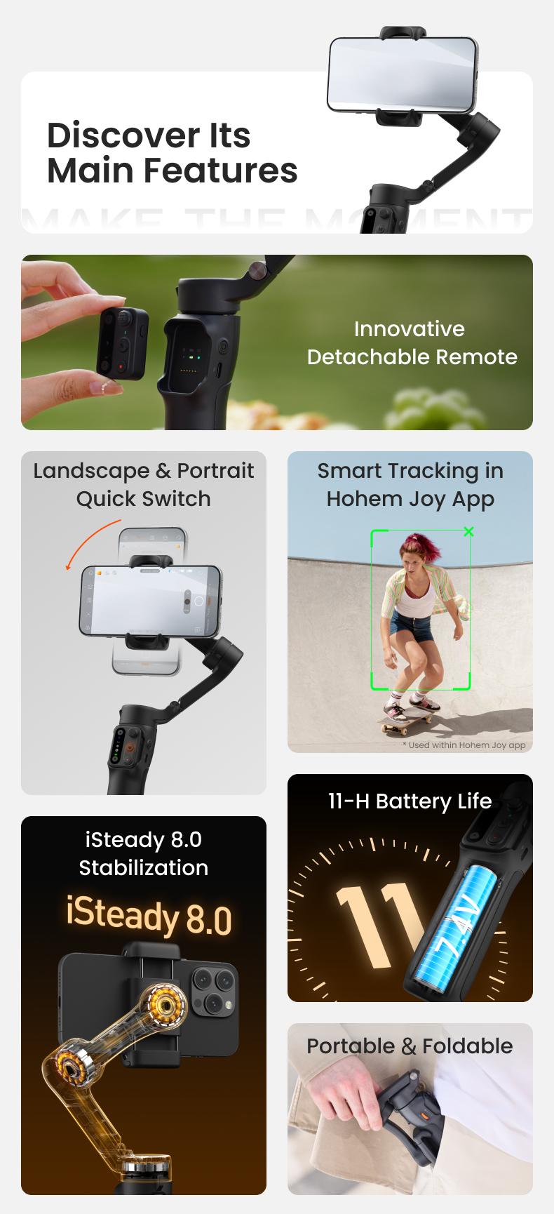 hohem iSteady X3 SE New Gimbal Stabilizer for iPhone, AI Facial Tracking,Smartphone Gimbal with Detachable Remote Control, Portable Foldable 3-Axis Phone Gimbal for Android & iPhone 17 series,Built-in Extendable Rod,Vlog Stabilizer,Selfie accessories