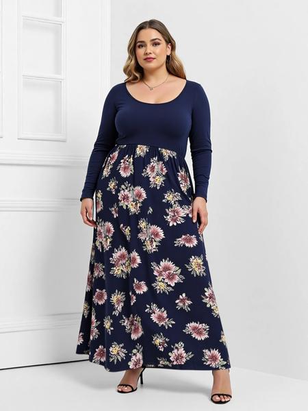 Women's Round Neck Stretchy Casual Long Plus Size Dress, Perfect for Bridesmaids, Vintage Style Wedding & Party Wear, Comfortable Fabric