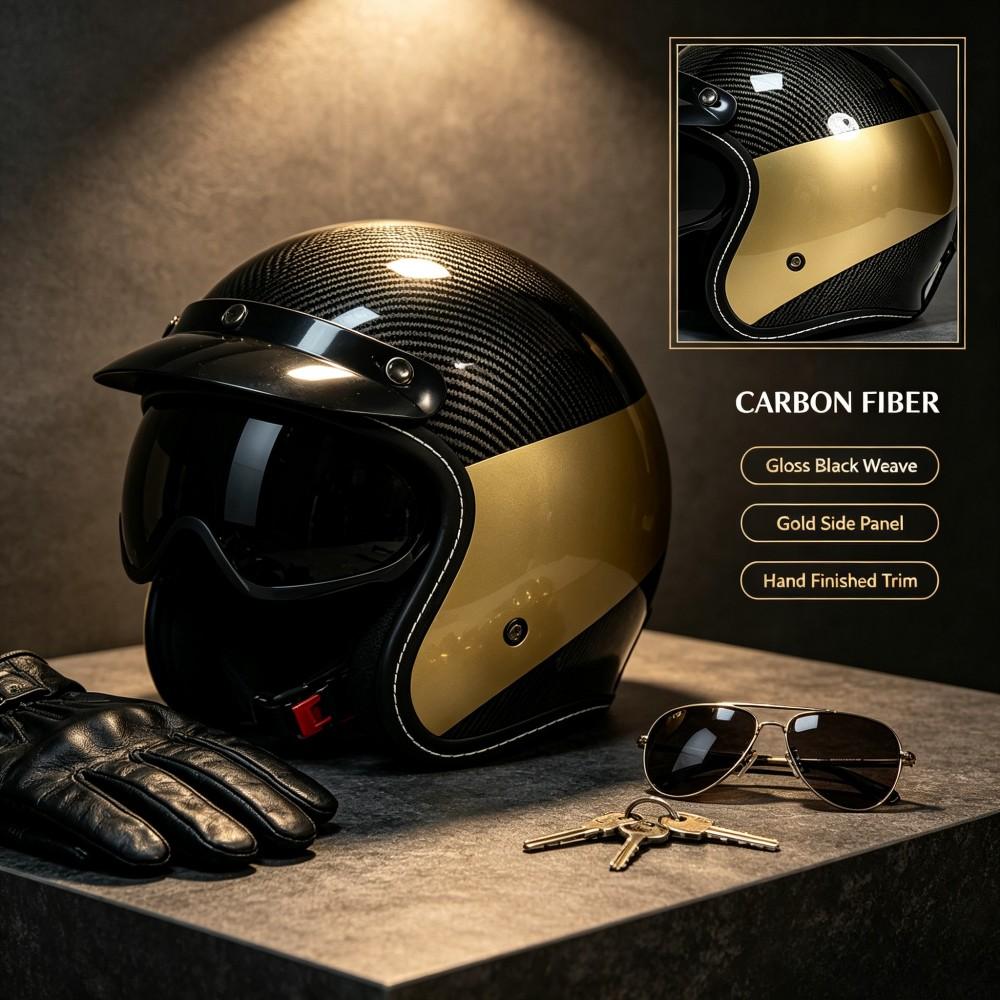 High-End Gold Retro Half Helmet, Carbon Fiber Texture Motorcycle Decorative Helmet, Stylish and Durable Design for Riders
