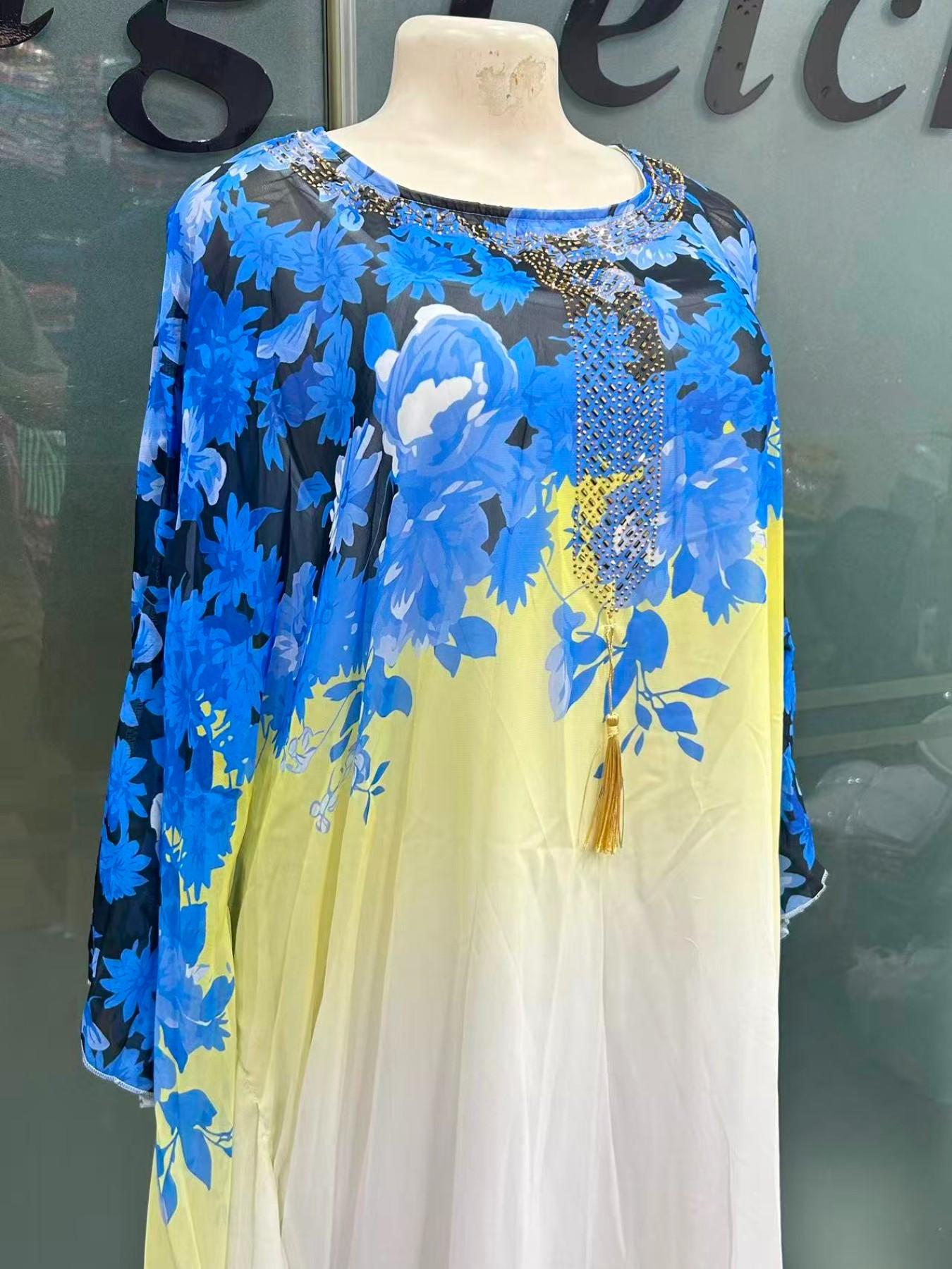 African Style Boho Gradient Print Chiffon Two-Piece Dress, Loose Fit Batwing Sleeve Long Gown, Muslim Commute Vacation Slimming Robe African Dress For Women With Headscarf, Classy Modest Dresses