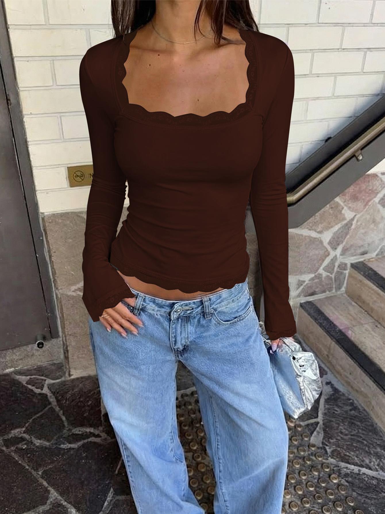 Women's Square Neck Top, Solid Lace Trim Long Sleeve T-Shirt, Elegant Chic Plain Flared Sleeves Slim Fit Crop Top for Spring, Fall and Winter, Womenswear, Blouses Shirts Tops, Casual Elegant Classy, Perfect for Parties, Dates and Everyday Wear