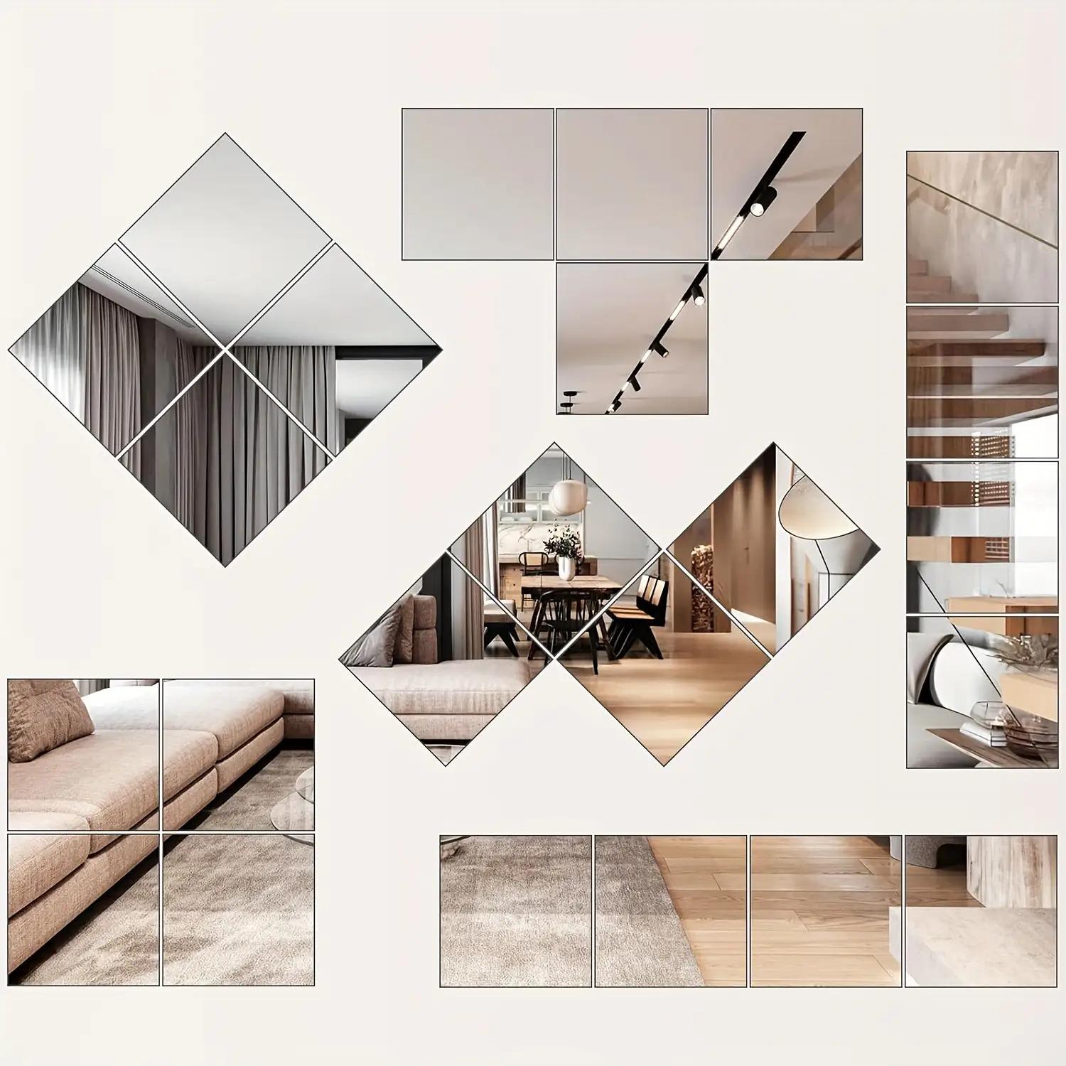 12-Pack 20×20cm Acrylic Mirror Tiles, thick frameless self-adhesive design. Easy to install vertically or horizontally, lightweight and durable. Perfect for living room, bathroom, shower, dressing room and bedroom, modern stylish wall decor.