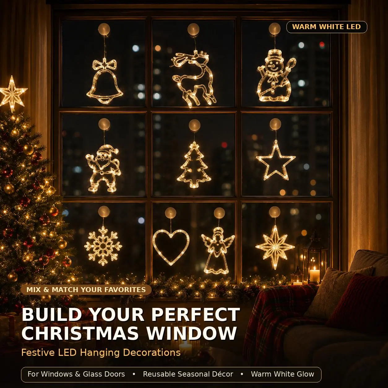 Christmas LED Window Lights, Warm White Hanging Suction Cup Decorations, Holiday Window Decor Lights for Bedroom Living Room Party Xmas Decor
