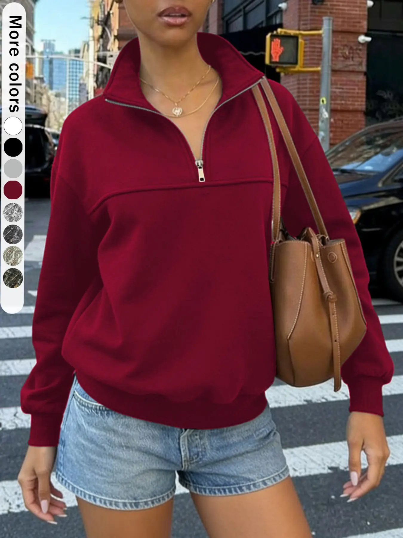 Vintage quarter-zip pullover, Women's high-neck turtleneck fleece-lined everyday casual sweatshirt, Long sleeve, #half-zip sweater #funnel neck top #loose sweater #minimalist fashion #streetwear #autumn and winter fashion