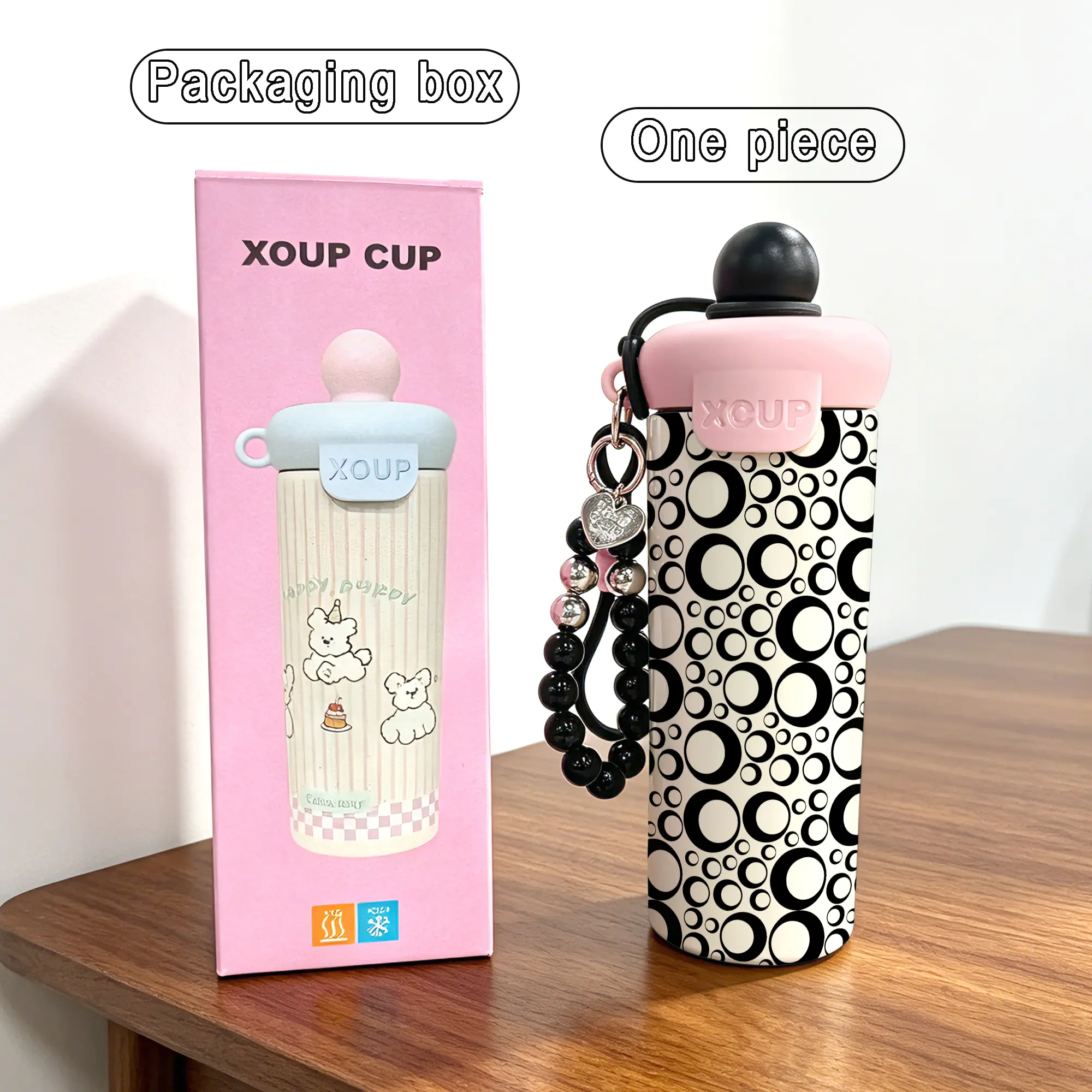 600ML with Straw and Beaded Bracelet, Stainless Steel, Insulated Cups, Leak-Proof, Keeps Cold/hot, Ideal for Home, Commute, Travel, Gift