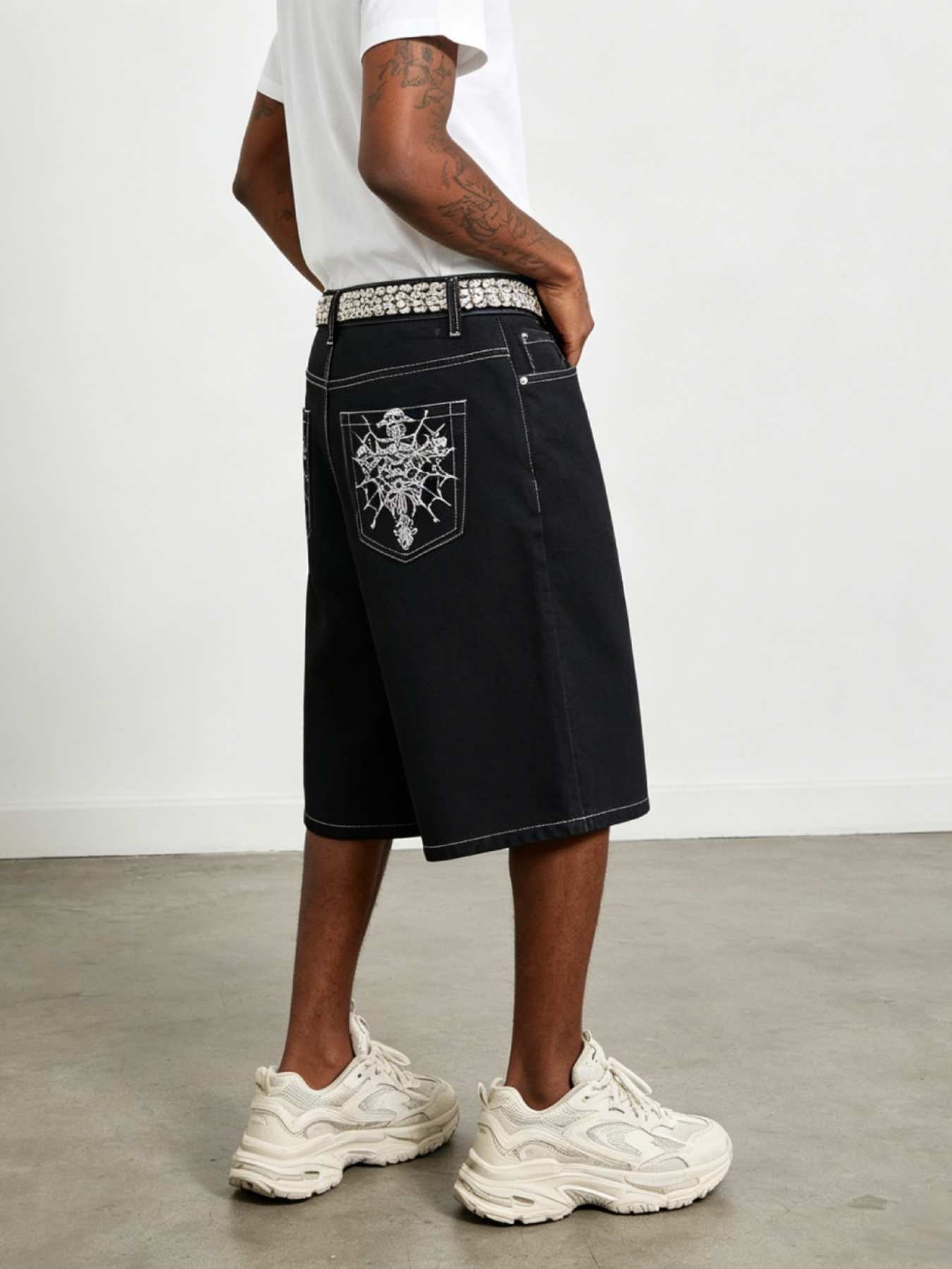 Men's Loose Fit Denim Shorts with Letter Embroidery, Y2K