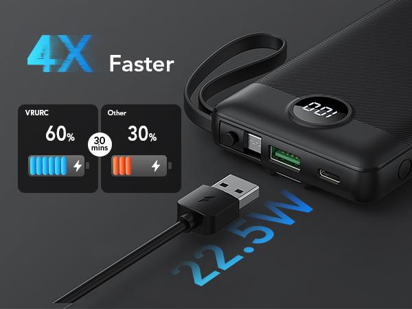 VRURC 10000mAh Portable Power Bank with 4 Built-in Cables Fast Charging 22.5W for All Phones Micro USB Type-C Compatible with iPhone Samsung Android Tablet iPad Earbuds Pink Lanyard Chargeable Charger Smartphone