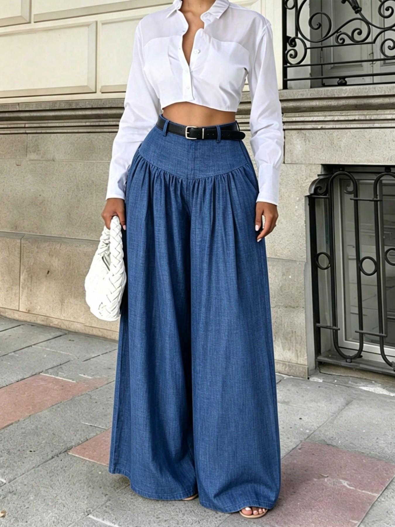 High-Waisted Pleated Denim Wide Leg Pants for Women, Includes Belt, Lightweight Casual Suit Pants, Trendy and Comfortable, Bottoms