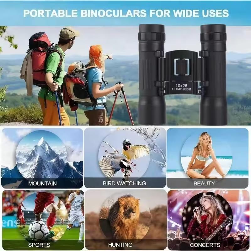 Compact 10x25 Binoculars with Lanyard and Storage Bag, Foldable Outdoor Enthusiast Choice, Multi-Coated Lens, 15mm Eyepiece Diameter