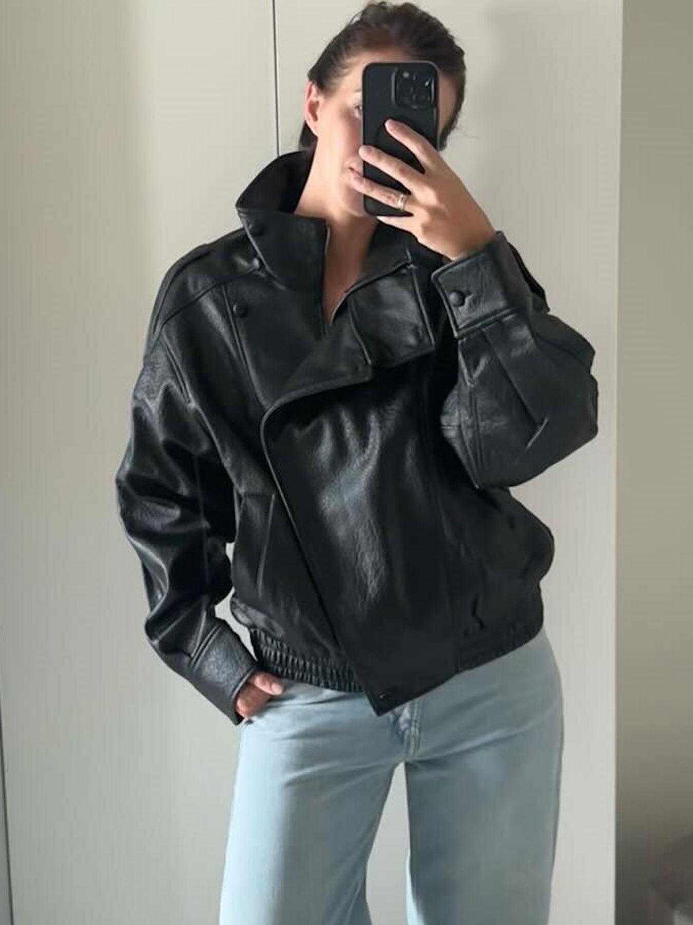 Bomb Jacket Black Faux Leather Jacket Stand Collar Oversized Moto Biker Jacket Elastic Hem Streetwear Casual Long Sleeve Waterproof Windproof Fashion Casual Outerwear for Spring & Fall, Ladies Clothes for Daily Wear Bomb Jacket Black Faux Leather Jacket Stand Collar Oversized Moto Biker Jacket Elastic Hem Streetwear Casual Long Sleeve Waterproof Windproof Fashion Casual Outerwear for Spring & Fall, Ladies Clothes for Daily Wear