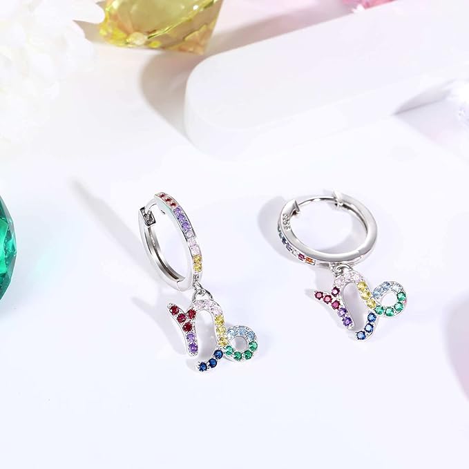 Presentski Zodiac Sign Earrings with Colourful Cubic Zirconia - QWomen's Girls' Hoop Earrings 925 Sterling Silver Small Horoscope Pendant Hanging Hoops Earrings 12 Constellation Astrology Jewellery Gift, Sterling Silver