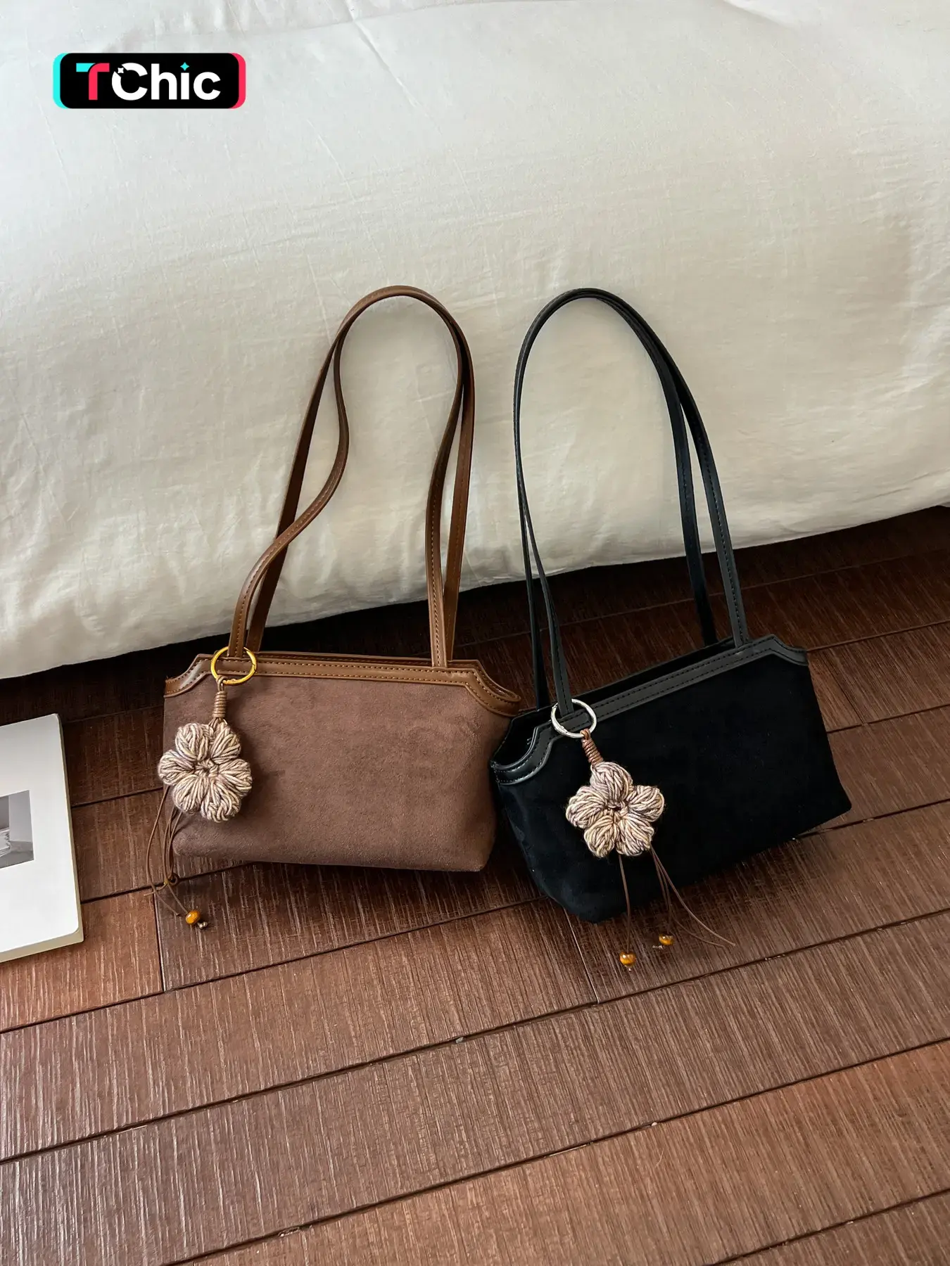 Gentle style mini shoulder underarm bag with flower pendant decoration baguette bag; two-way handheld long baguette small bag; minimalist versatile daily outing women's