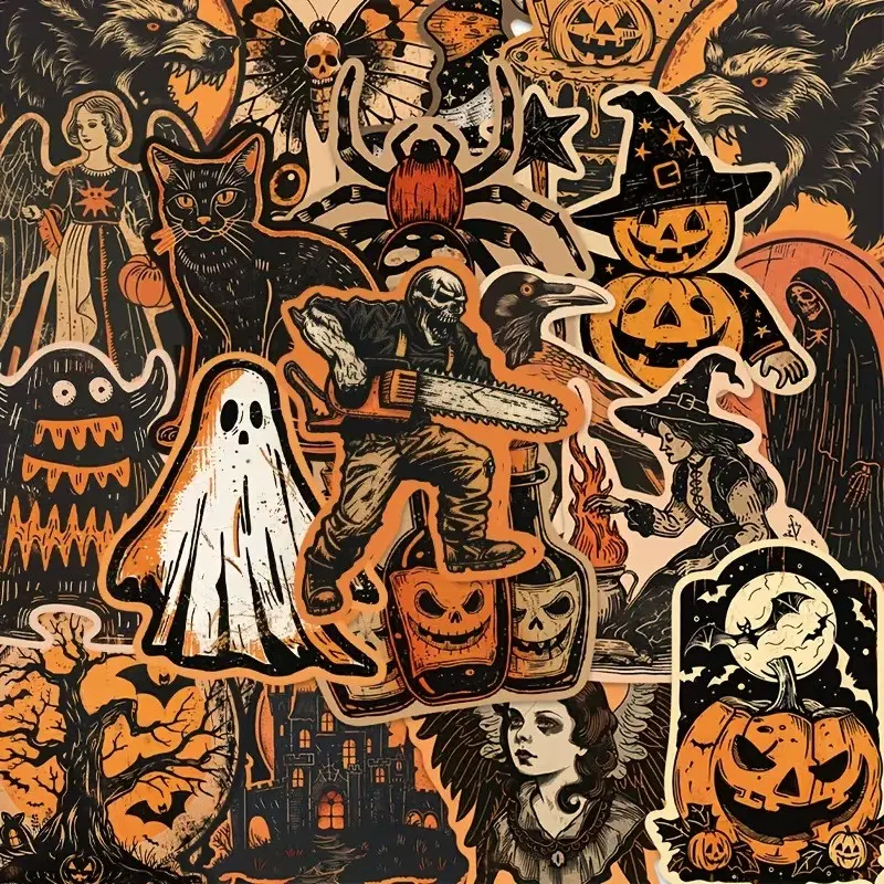 50 Retro Halloween Stickers, Ghost Pumpkin, Witch, Chainsaw Designs, DIY Decor for Phone Cases, Laptops, Skateboards, Guitars, Suitcases, Helmets