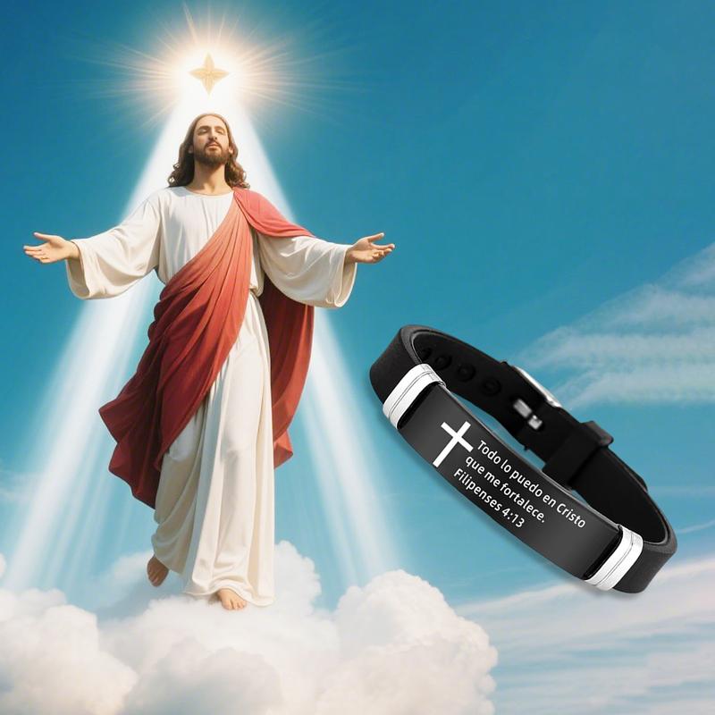 Inspirational Quote Bible Verse Cross Bracelets Faith Christian Silicone ID Wristband Religious Gifts for Men Women Stainless Steel Rubber Adjustable Bracelet