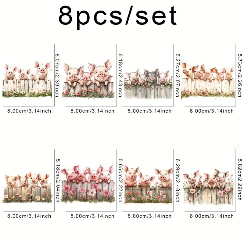 8Pcs Cute Pig DIY DTF Transfer Stickers Washable Heat Transfer Design Iron-On Patches for Tshirt Mask Jeans Backpack Crafts Accessories