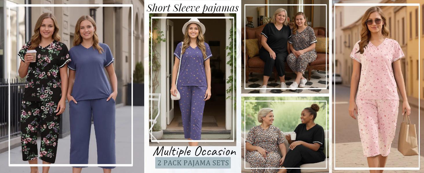 Marvmys Womens 2 Pack Pajama Sets Short Sleeve Pajamas Tops and Capri Pants Pjs Print Lounge Sets with Pockets S-3XL Loungewear Nightwear