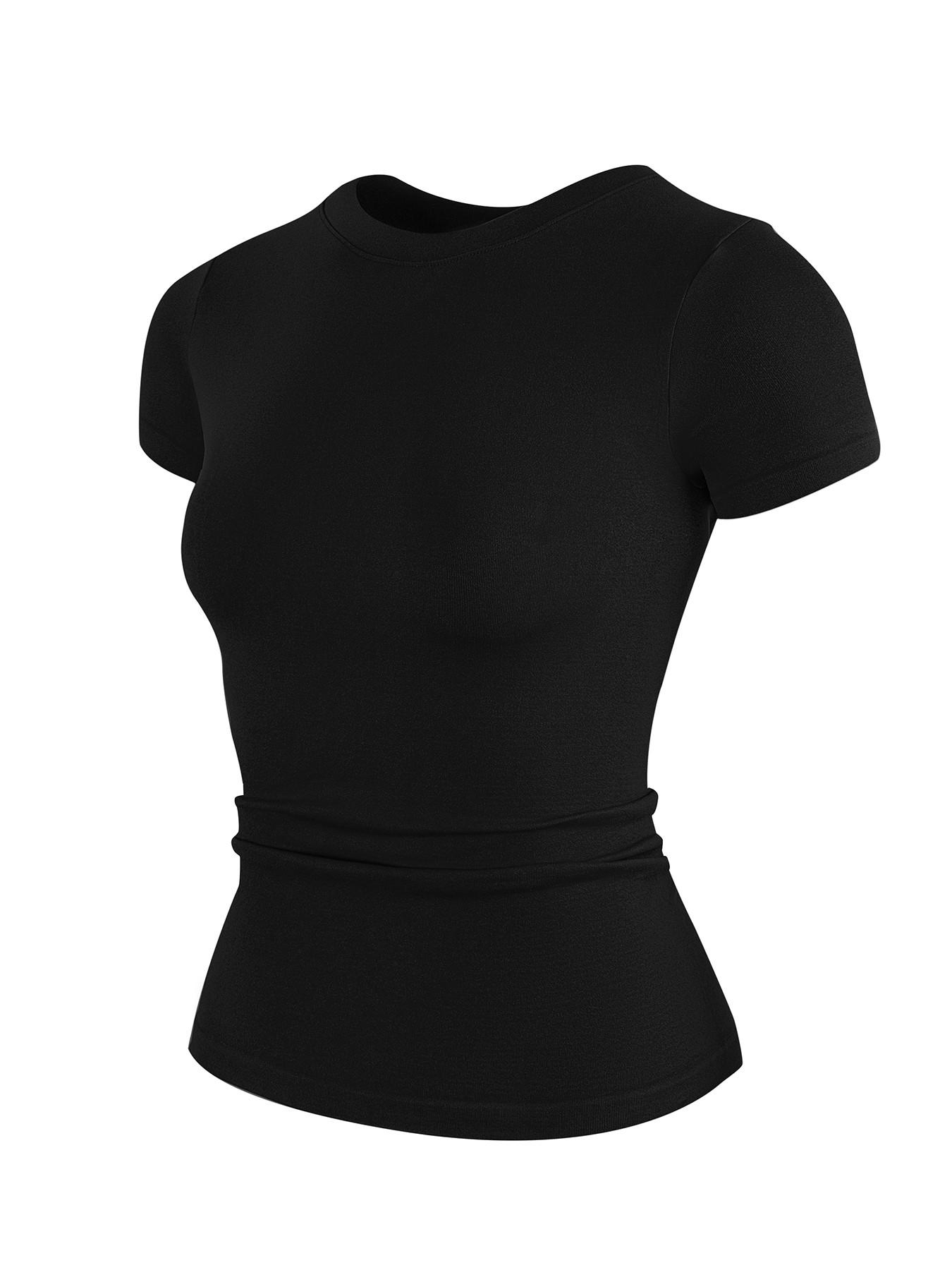 Women's Round Neck Short Sleeve Stretchy Soft Fitted Yoga Pilates Casual Wear, Comfortable Elastic Fabric Design, Ideal for Daily Use